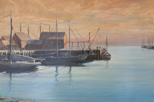 Robert Russo, Days End Oil painting. Harbor with blue waters, large sail boats stored by the docks, neighbored by a red building along the dockside.