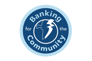 Dark blue and light blue Banking for the Community logo, with BankGloucester double seagull in center.